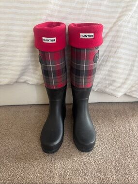 Hunter Red Plaid Tall Rain Boots with Red Fleece Cuffs